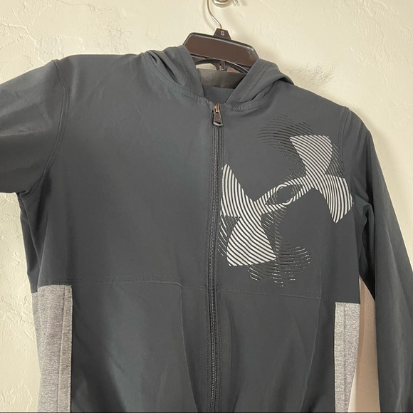 UA Under Armour Jacket Woven Warm Up‎ Black Gray Softshell Full Zip Front Hoodie - Picture 4 of 7